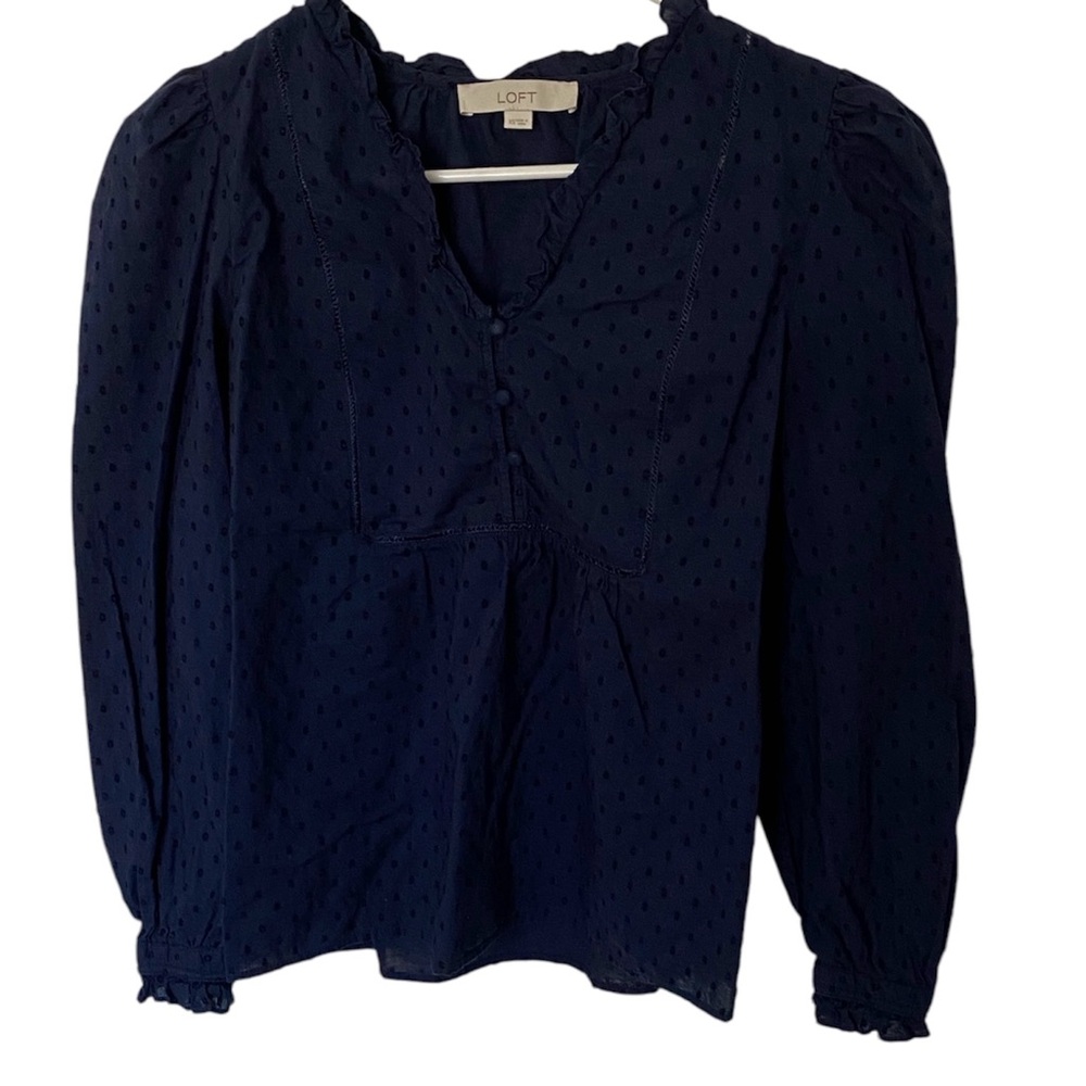LOFT Clip Dot Ruffle Bib Blouse Size XS Deep Space Blue Navy